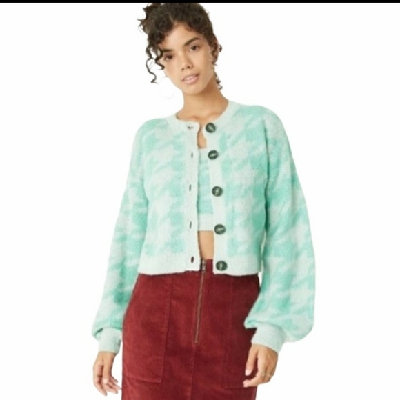 2020 Wild Fable Houndstooth Whiskers Mint Green Chunky Cardigan Balloon Sleeves - Picture 11 of 11